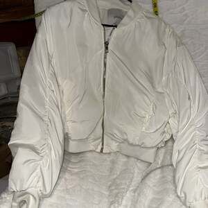 Bershka White Cropped Satin Bomber Jacket with Ruched Sleeves